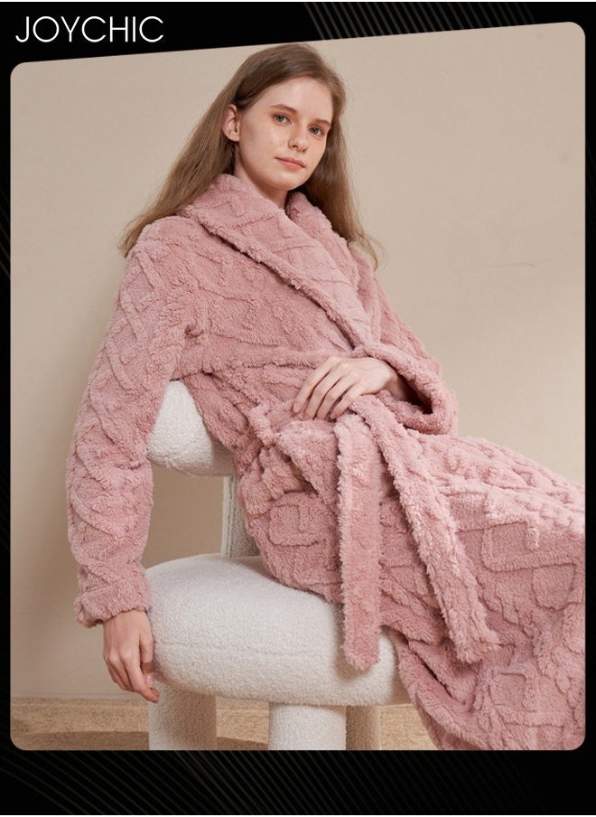 Joychic Autumn and Winter Jacquard Coral Velvet Thickened Warm Pajamas for Women Fashion Collar Long-Sleeved Skin-friendly Bedroom Sleep Robe with Pockets Pink  - Image 1