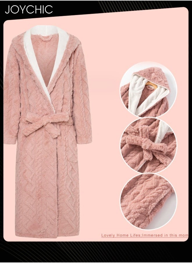 Joychic Autumn and Winter Jacquard Coral Velvet Thickened Warm Pajamas for Women Fashion Collar Long-Sleeved Skin-friendly Bedroom Sleep Robe with Pockets Pink  - Image 3