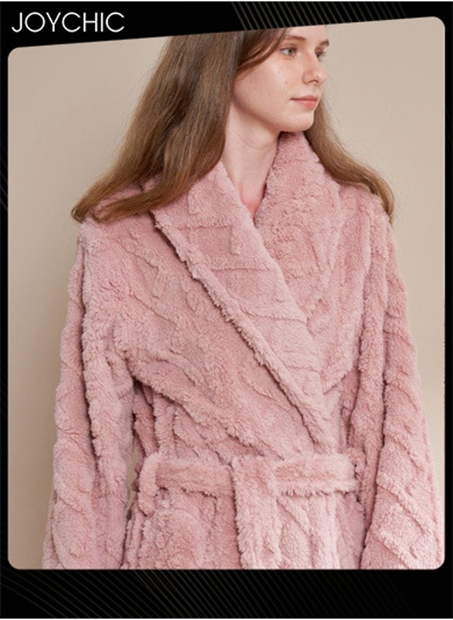 Joychic Autumn and Winter Jacquard Coral Velvet Thickened Warm Pajamas for Women Fashion Collar Long-Sleeved Skin-friendly Bedroom Sleep Robe with Pockets Pink  - Image 2