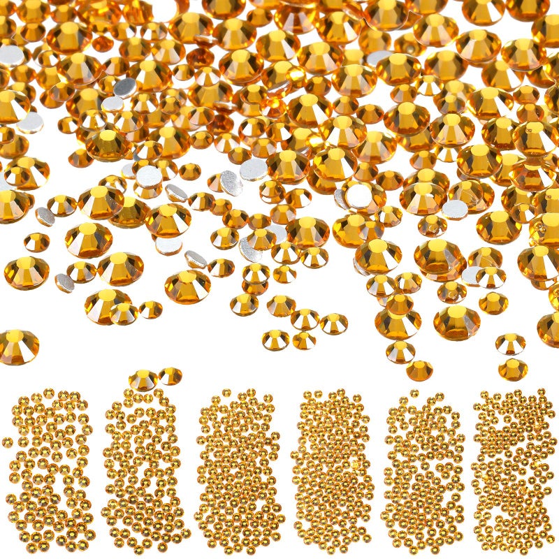 Bememo 3456 Pcs Crystals Diamond Rhinestones AB Clear Flat Back Round Gems Flatback Glass Mixed Size Crystals Gems for Crafts Clothes Shoes Makeup Bags Decor 6 SizesGold