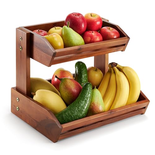HOLANA Acacia 2 Tier Fruit Basket for Kitchen Counter Organizer Wooden Fruit Bowl Wooden Basket for Kitchen Counter Storage Vegetable Produce Storage Snack Organizer for Countertop Acacia