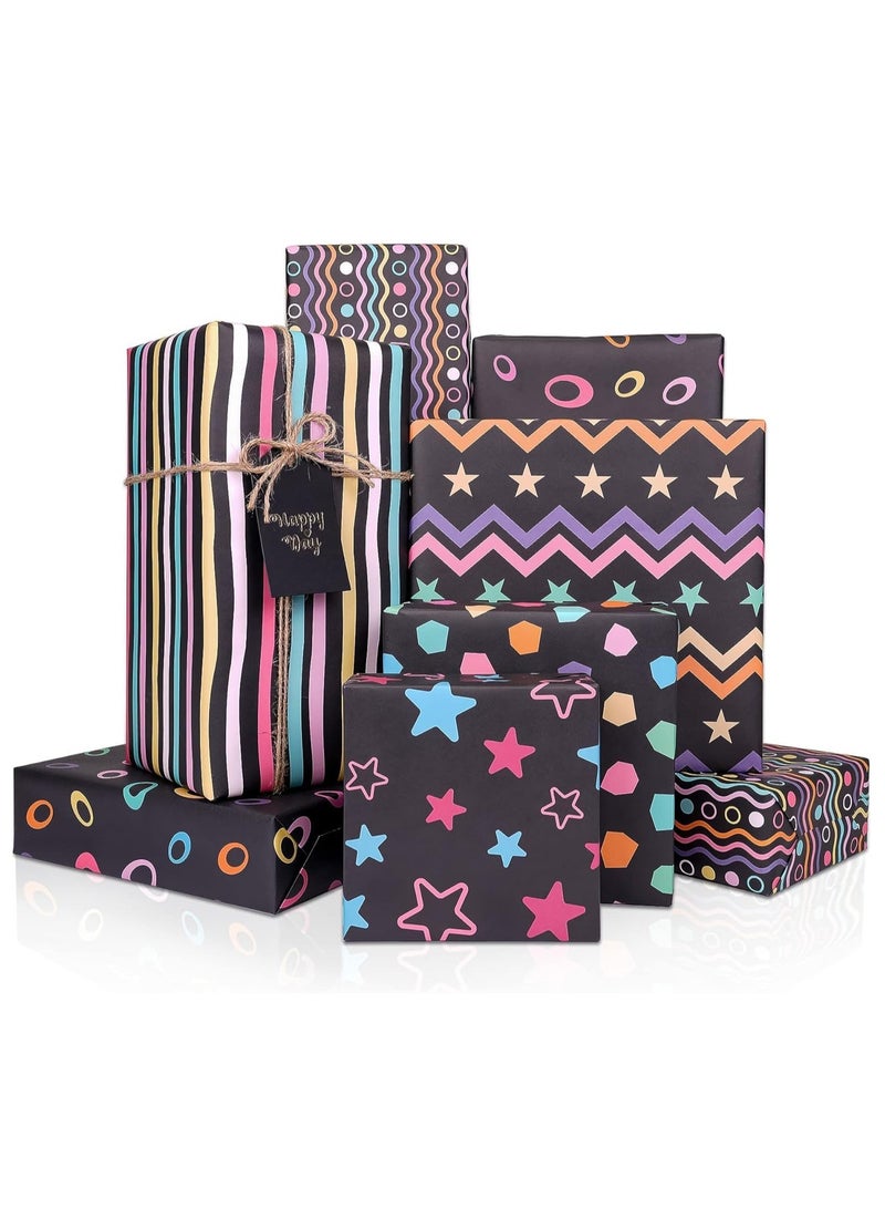 Gift Wrapping Paper,27.5x19.6in 6 Sheets Black Birthday Wrapping Paper & Gift Tags, Cute Colourful Stars Stripes Gift Wraps for Birthday,  Graduation, Baby Showers - Image 1