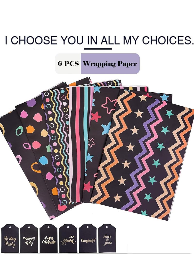 Gift Wrapping Paper,27.5x19.6in 6 Sheets Black Birthday Wrapping Paper & Gift Tags, Cute Colourful Stars Stripes Gift Wraps for Birthday,  Graduation, Baby Showers - Image 2