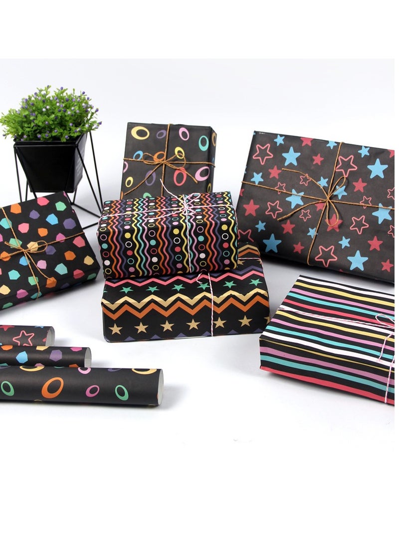 Gift Wrapping Paper,27.5x19.6in 6 Sheets Black Birthday Wrapping Paper & Gift Tags, Cute Colourful Stars Stripes Gift Wraps for Birthday,  Graduation, Baby Showers - Image 3