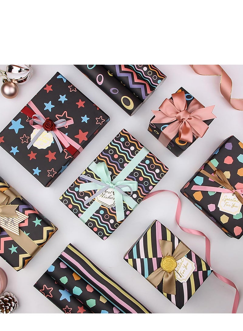 Gift Wrapping Paper,27.5x19.6in 6 Sheets Black Birthday Wrapping Paper & Gift Tags, Cute Colourful Stars Stripes Gift Wraps for Birthday,  Graduation, Baby Showers - Image 4