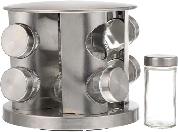 STAINLESS STEEL REVOLVING SPICE RACK COUNTERTOP SPICE JAR 8 JAR ROTATING SPICE ORGANIZER HOLDER CONTAINER KITCHEN SPICE SETCONDIMENT TOWER SUGAR PEPPER GLASS JAR BOTTLE WITH LID FOR KITCHEN