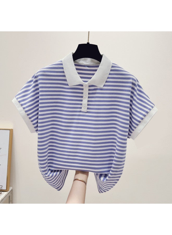 TonLion Striped T-shirt Women's Summer Thin 2025 New Loose Slimming Polo Flutter Sleeve Top - Image 2
