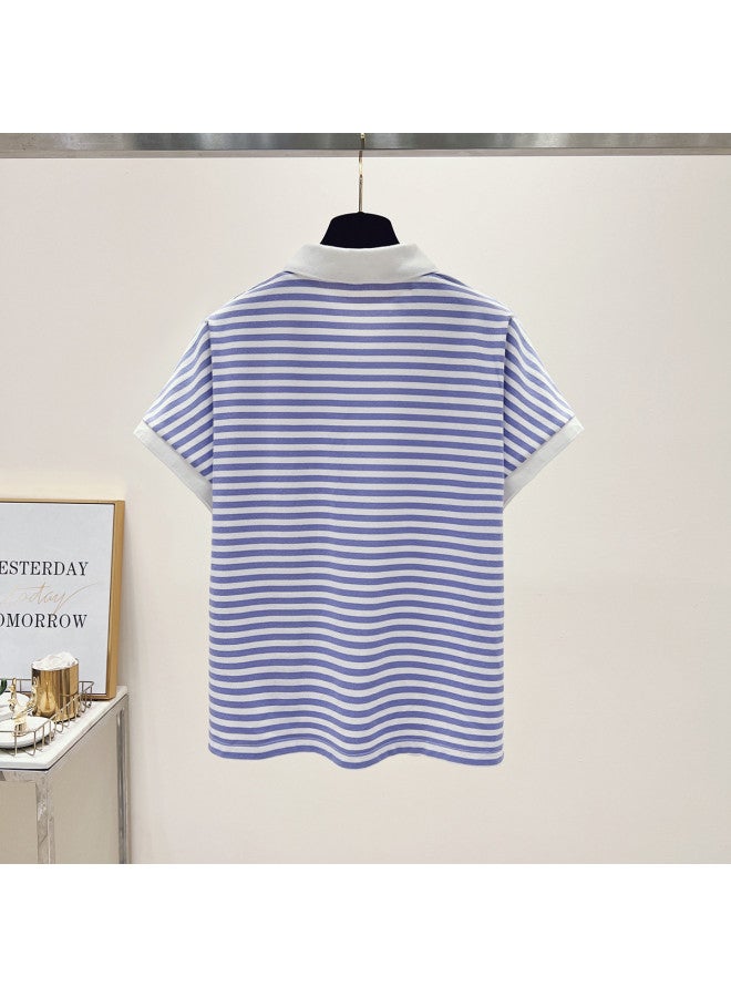 TonLion Striped T-shirt Women's Summer Thin 2025 New Loose Slimming Polo Flutter Sleeve Top - Image 4