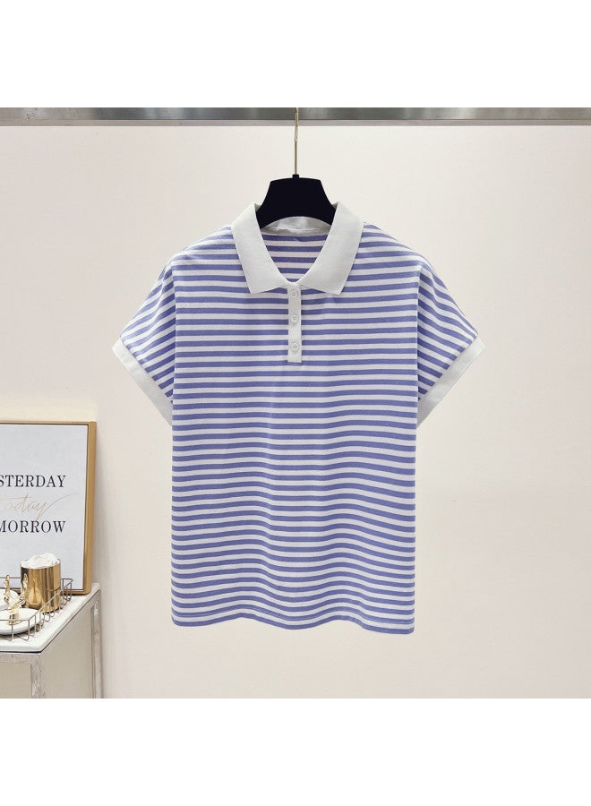 TonLion Striped T-shirt Women's Summer Thin 2025 New Loose Slimming Polo Flutter Sleeve Top - Image 3