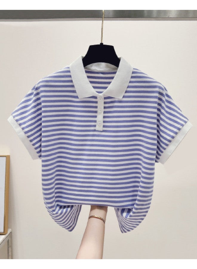 TonLion Striped T-shirt Women's Summer Thin 2025 New Loose Slimming Polo Flutter Sleeve Top - Image 1