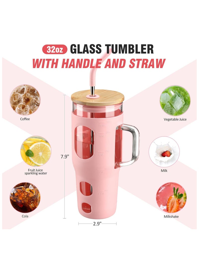 Generic - Glass Travel Mug with Bamboo Lid, 32 oz, Borosilicate Glass, Silicone Sleeve, Stainless Steel Straw, With Brush, Fits in Cup Holder BPA Free - Image 1
