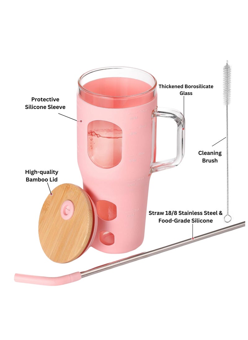 Generic - Glass Travel Mug with Bamboo Lid, 32 oz, Borosilicate Glass, Silicone Sleeve, Stainless Steel Straw, With Brush, Fits in Cup Holder BPA Free - Image 1