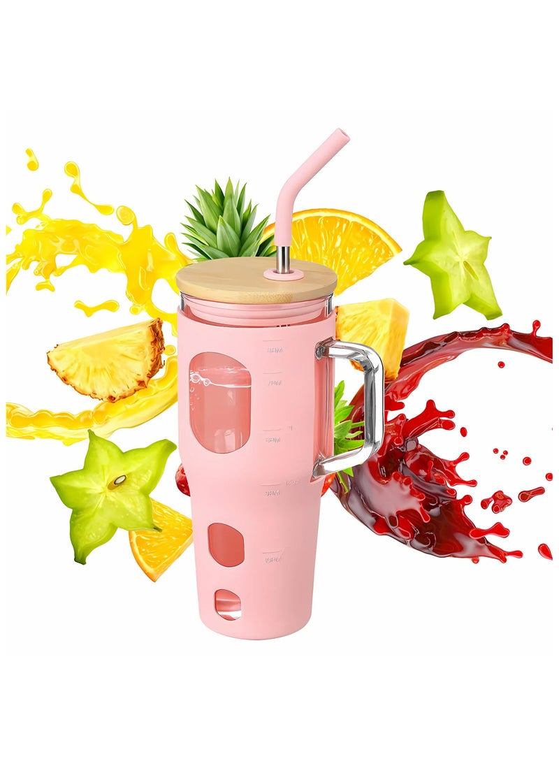Generic - Glass Travel Mug with Bamboo Lid, 32 oz, Borosilicate Glass, Silicone Sleeve, Stainless Steel Straw, With Brush, Fits in Cup Holder BPA Free - Image 1