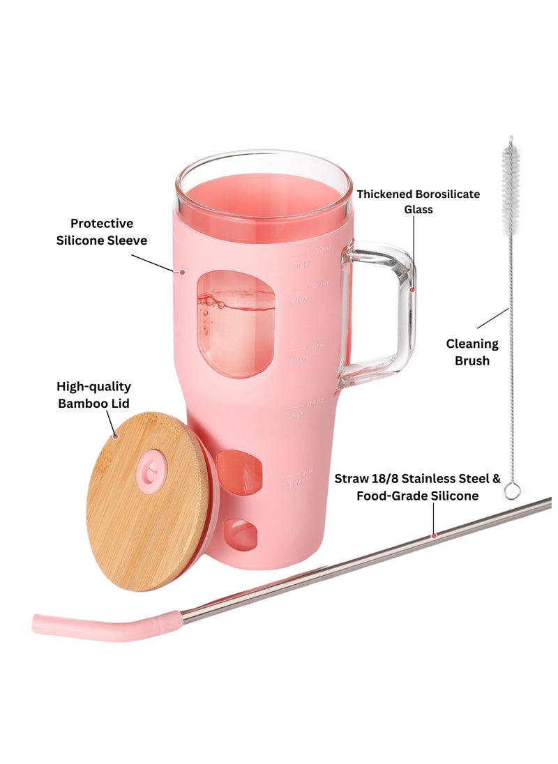 كوب سفر زجاجي مع غطاء من الخيزران، 32 أونصة، زجاج بوروسيليكات، غلاف سيليكون، شفاطة من الفولاذ المقاوم للصدأ، مع فرشاة، يناسب حامل الكوب، خالٍ من مادة BPA - pzsku/ZCB7AB31264F9E20DACD3Z/45/_/1740048646/bd95f468-bd08-4720-b59c-eaad14cbf9c0