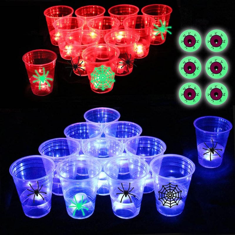 Ahuimeius Halloween The Dark Beer Pong Set,Beer Pong Party Cup Set, LED Beer Pong Cups and Glow-in-The-Dark Balls,22 Set - Image 1