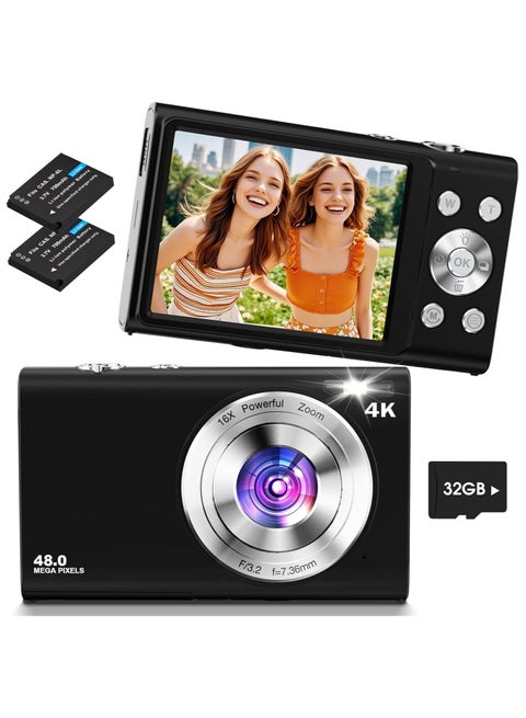 كاميرا رقمية 4K، كاميرا 48 ميجابكسل بتركيز تلقائي مع بطاقة ذاكرة 32 جيجابايت، تقريب رقمي 16X، كاميرا صغيرة الحجم بشاشة 2.8 بوصة، كاميرا رقمية متوافقة للأطفال والمراهقين والطلاب والأولاد والبنات (أسود)