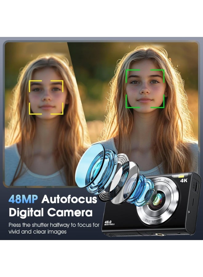 4K Digital Camera, 48MP Autofocus Camera with 32G Memory Card 16X Digital Zoom, Compact Camera with 2.8 Inch Screen ,Compat Digital Camera for Kids Teens Students Boys Girls (Black)