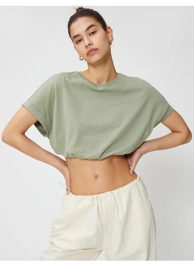 كوتن Crop T-Shirt Crew Neck Short Sleeve Elastic Waist
