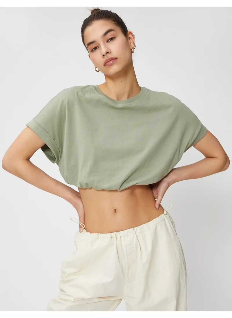 كوتون Crop T-Shirt Crew Neck Short Sleeve Elastic Waist