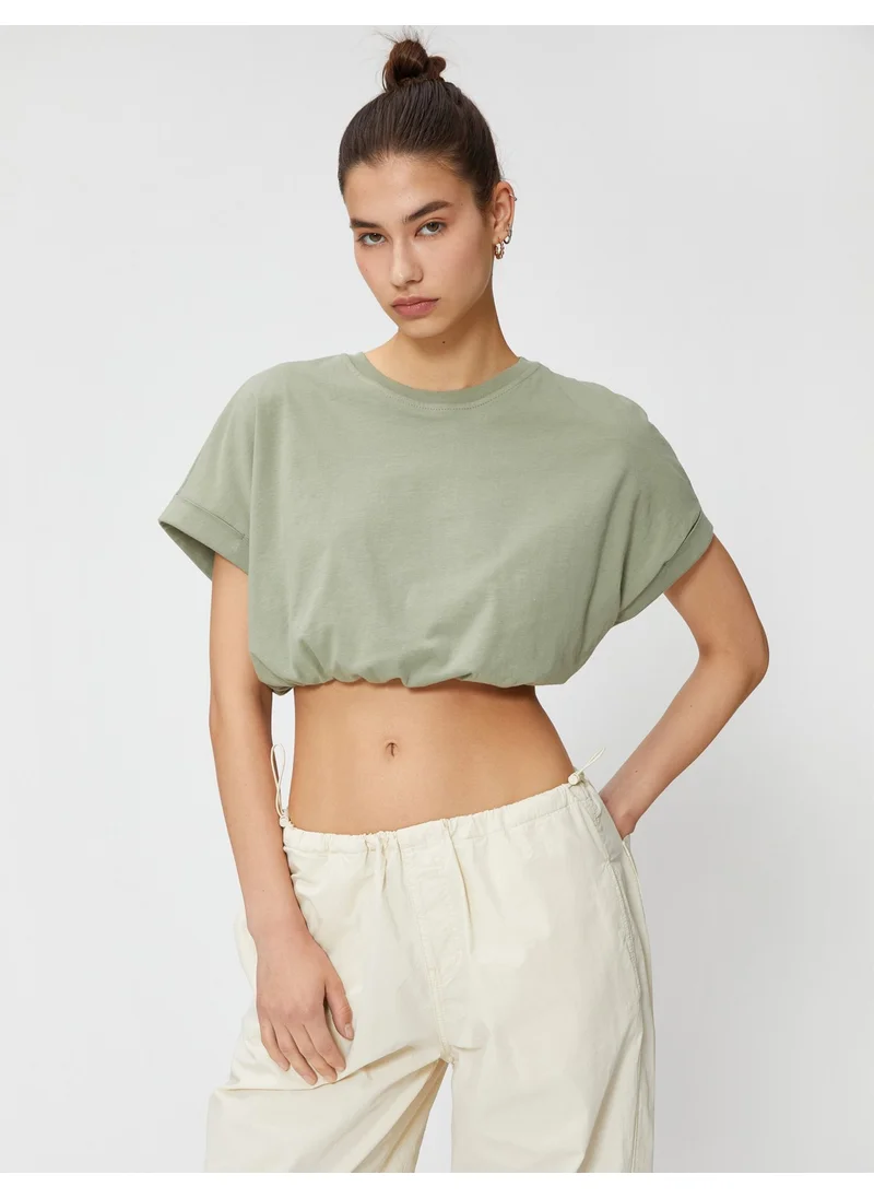 كوتون Crop T-Shirt Crew Neck Short Sleeve Elastic Waist