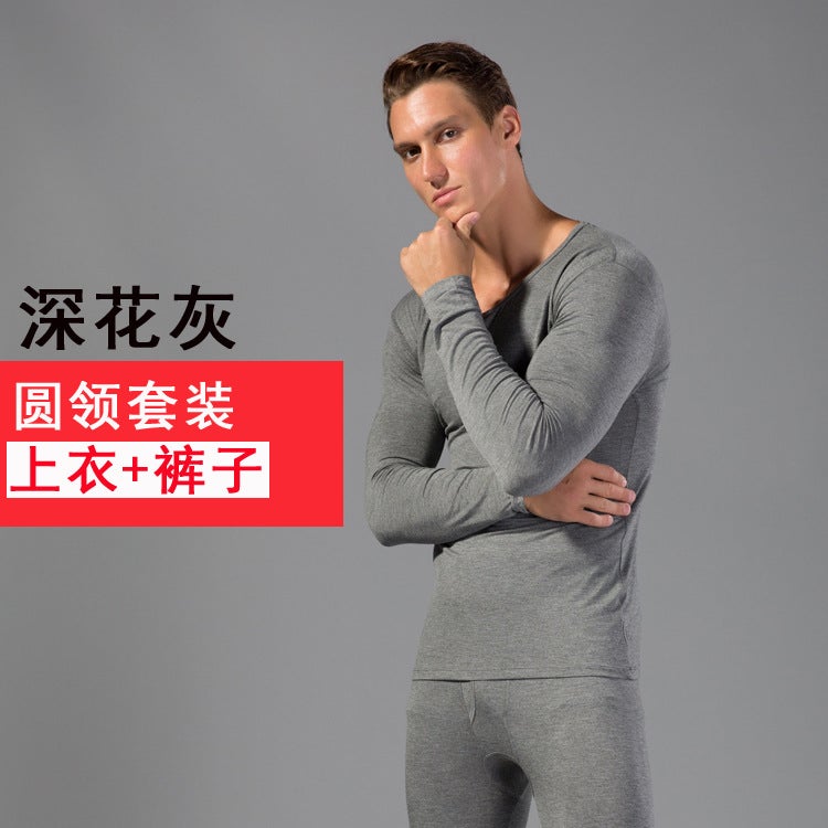 Zhuojia Modal Thermal Underwear Mens Ultra-thin Long-sleeved Tight Autumn Clothes Long Johns Youth Bottoming Life Year suit Deep Flower Grey Crewneck suit 