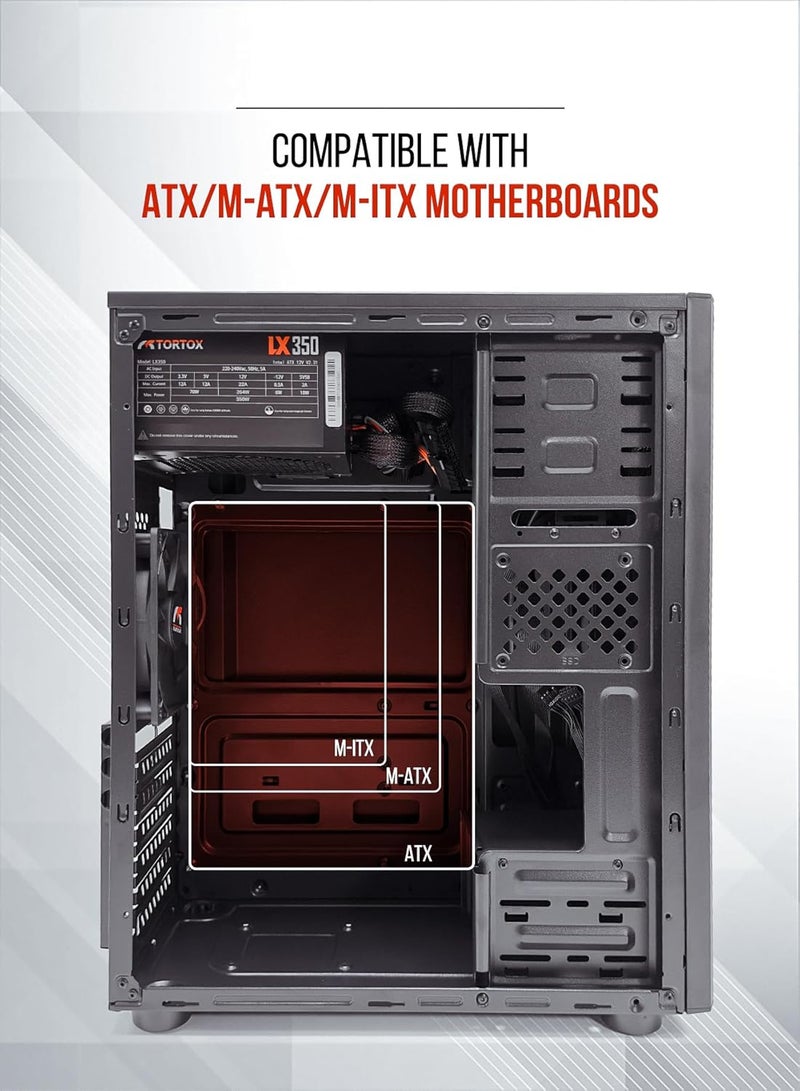 Tortox Zion ATX, ITX, M-ATX Gaming PC Case, Pre-installed 350W Power Supply and 120mm Fan*1, Metal Computer Cabinet, HDD, SSD, 7 Expansion Slots - Image 3