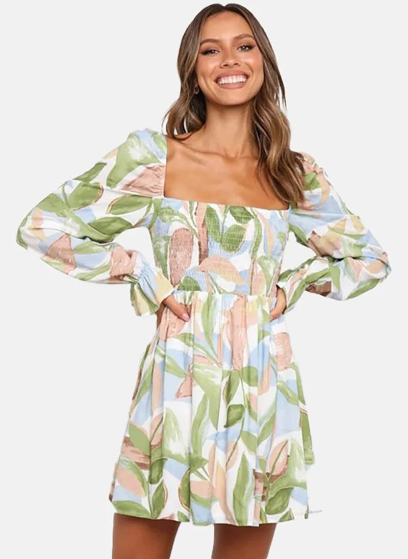يونيكي Green & Blue Abstract Print Square Neck Puff Sleeve Dress