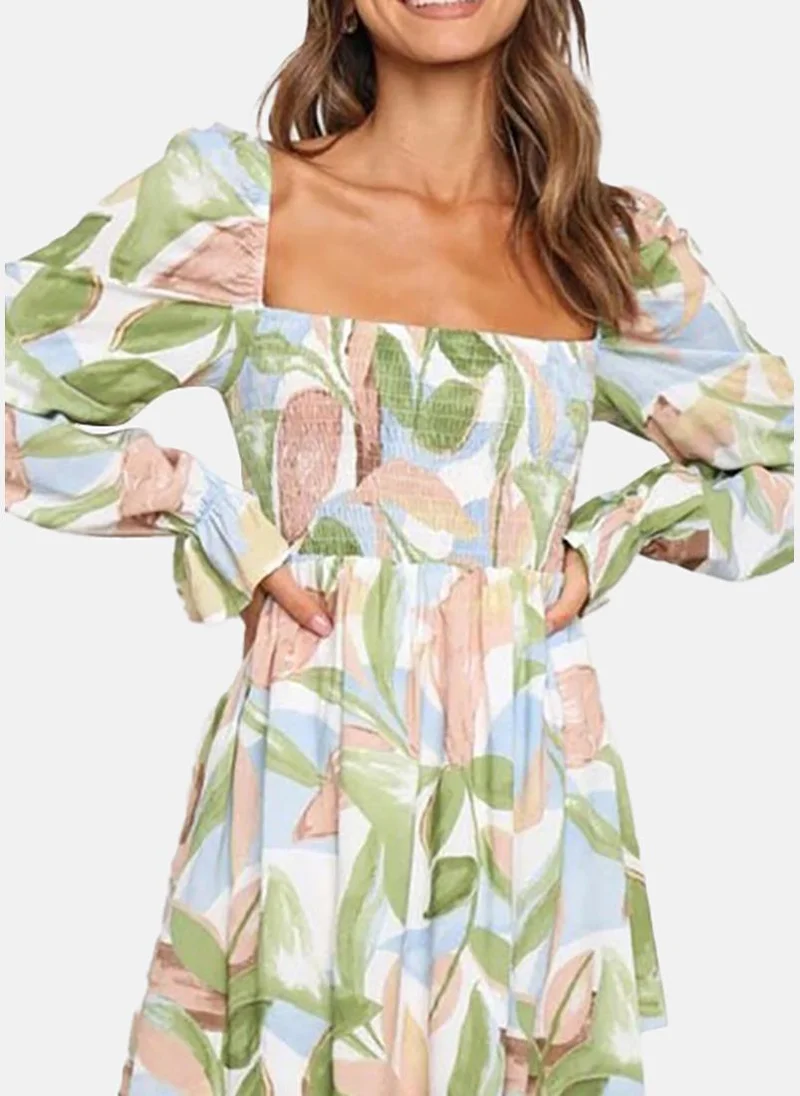 يونيكي Green & Blue Abstract Print Square Neck Puff Sleeve Dress