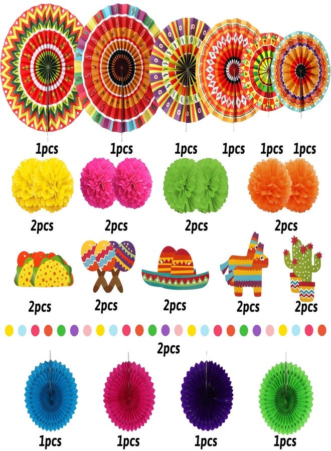 ZERODECO Mexican Party Decorations, 21 Pcs Multi-color Mexican Paper Fans, Pom Poms Flowers for Mexican Fiesta Cinco De Mayo Taco Themed Birthday Party Supplies - Image 2