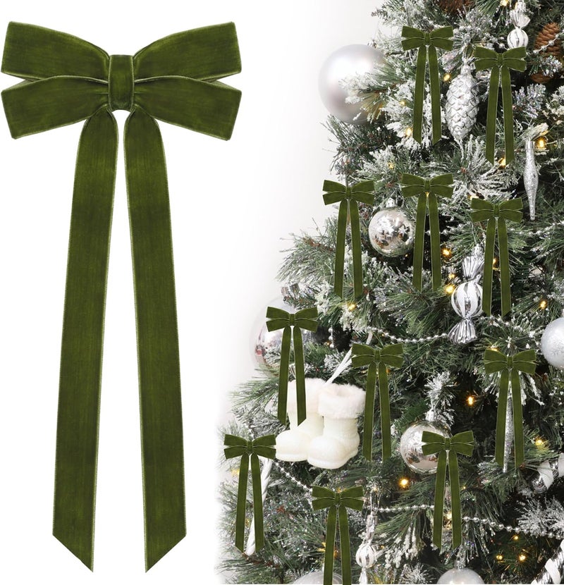 Hongsome 12Pcs Green Velvet Ribbon Bows Christmas Tree Decorations,5in x 10in Xmas Ornaments for Tree Home Party Front Door Wreath Garland Holiday Decor - Image 1