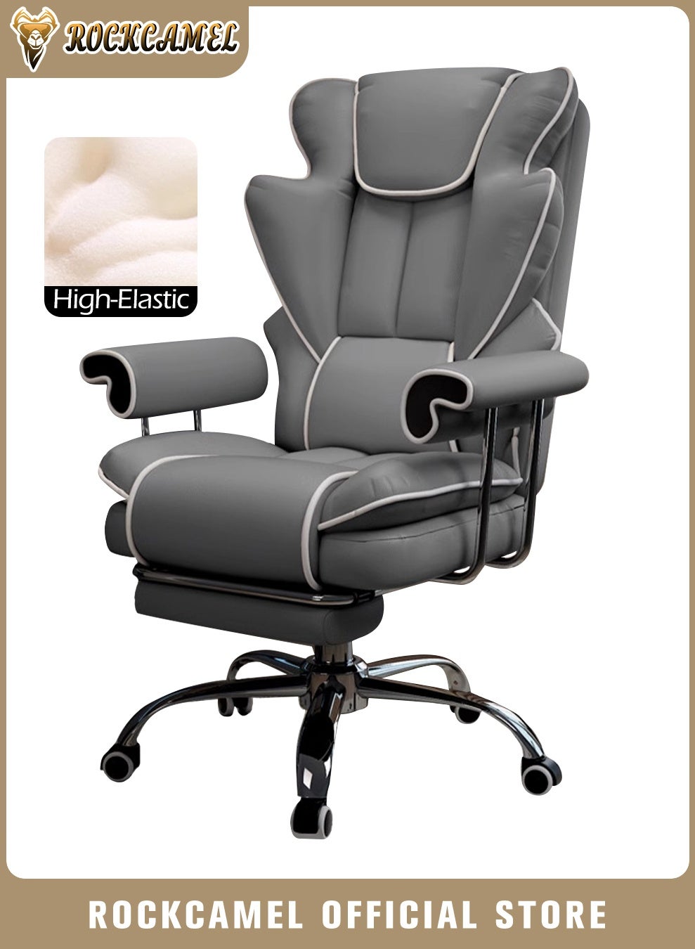 Ergonomic Gaming Chair/Office Chair With Retractable Footrest, Steel Silent Caster Base, High Back Super PU Leather Boss Chair with Head&Lumbar Support Suitable for Home or Office (Grey)