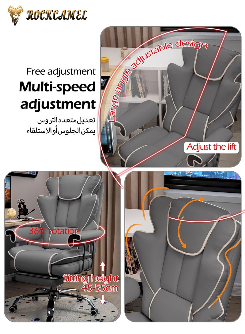 ROCKCAMEL كرسي ألعاب مريح/كرسي مكتب مع مسند للقدمين قابل للسحب، قاعدة عجلات فولاذية صامتة، كرسي رئيسي من جلد البولي يوريثان عالي الظهر مع دعم للرأس والقطن مناسب للمنزل أو المكتب (رمادي) - Image 5