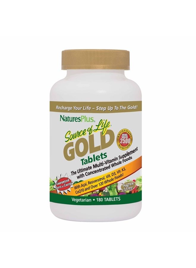 Nature's Plus Source of Life Gold Multivitamin - 180 Tablets - Blood Support, Bone Support, Healthy Immune System - Includes Vitamins D3, B12, K2 & Over 120 Whole Food Nutrients - 60 Servings - Image 1