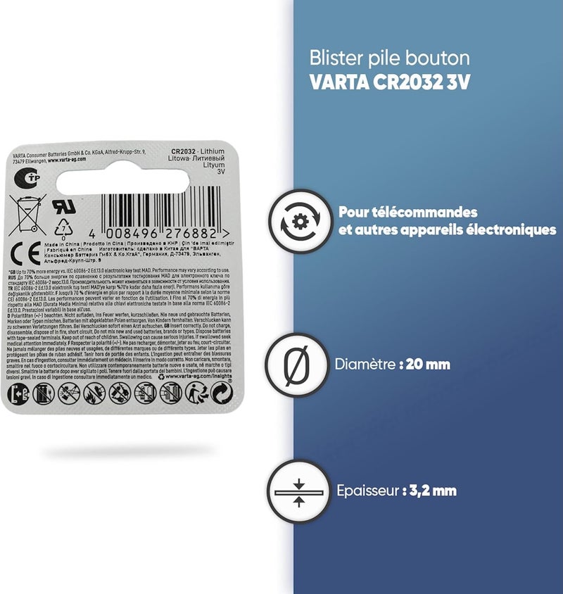 VARTA CR2032 Lithium Coin Battery | Long-Lasting Power for Watches, Remotes, Smart Devices | Child Safety Packaging | Easy & Secure Opening | High Capacity Button Cell | 10 Years Storage | Single Pack - Image 2