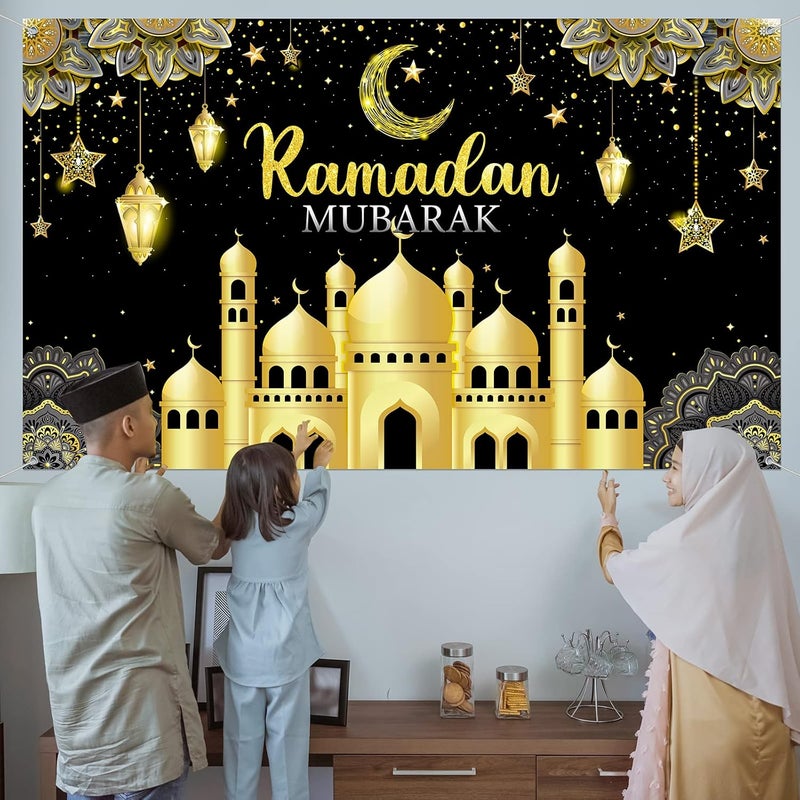 Boyiee Ramadan Mubarak Decorations Backdrop Banner Muslim Ramadan Kareem Background Eid Mubarak Sign Photo Booth Backdrop Background for Home Muslim Ramadan Eid Al Fitr Party Supplies (Black) - Image 4