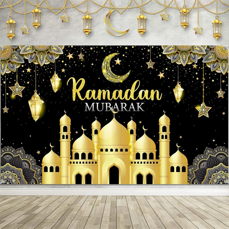 Boyiee Ramadan Mubarak Decorations Backdrop Banner Muslim Ramadan Kareem Background Eid Mubarak Sign Photo Booth Backdrop Background for Home Muslim Ramadan Eid Al Fitr Party Supplies (Black) - Image 1
