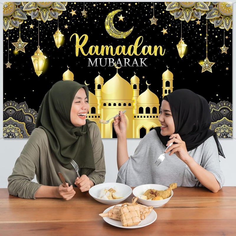 Boyiee Ramadan Mubarak Decorations Backdrop Banner Muslim Ramadan Kareem Background Eid Mubarak Sign Photo Booth Backdrop Background for Home Muslim Ramadan Eid Al Fitr Party Supplies (Black) - Image 5