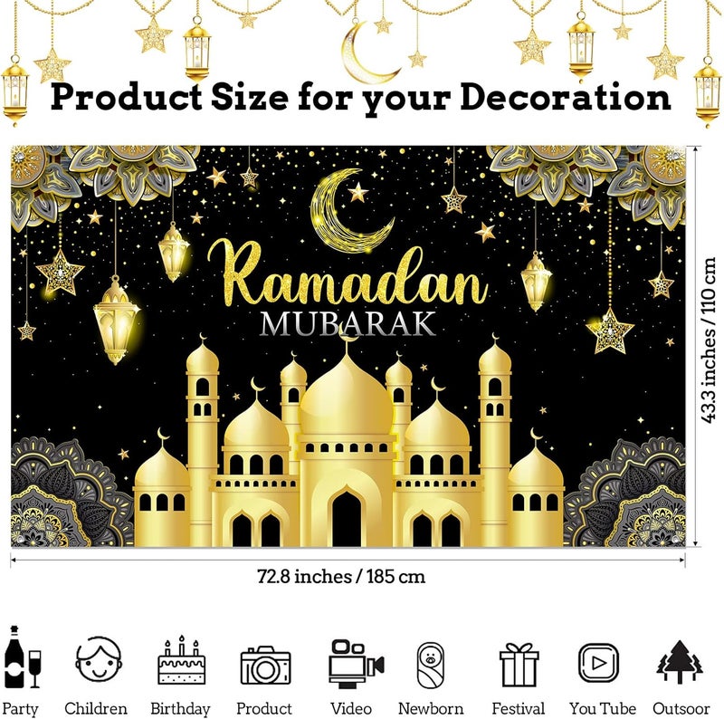 Boyiee Ramadan Mubarak Decorations Backdrop Banner Muslim Ramadan Kareem Background Eid Mubarak Sign Photo Booth Backdrop Background for Home Muslim Ramadan Eid Al Fitr Party Supplies (Black) - Image 2