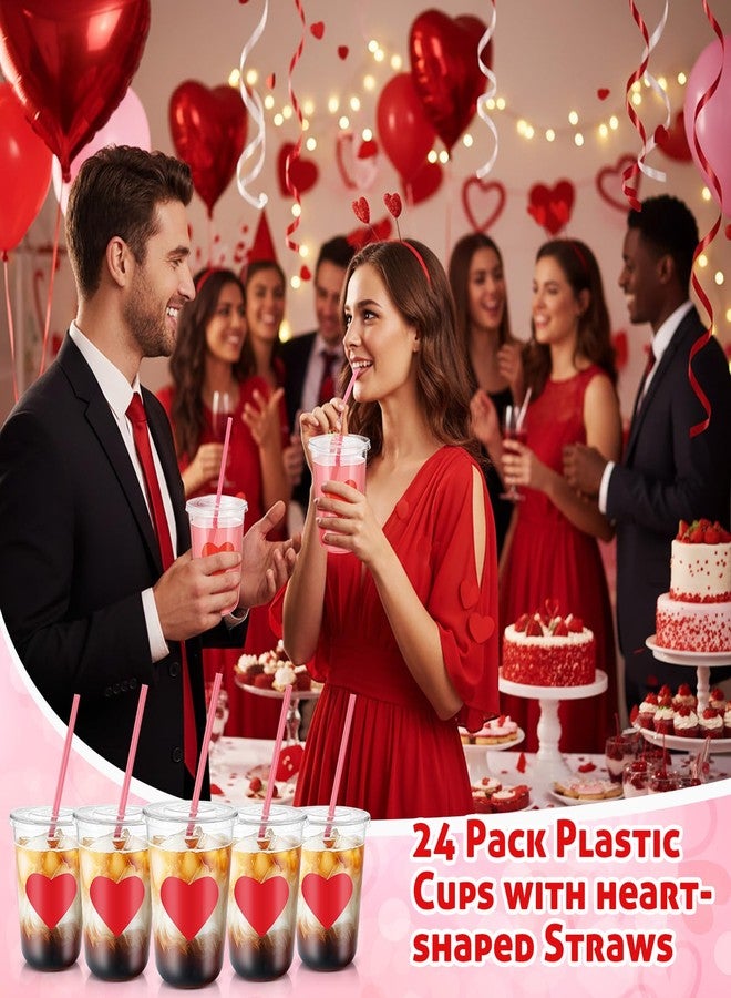 FoldTier 24 Sets Valentines Day Cups with Lids and Pink Straws 16oz Disposable Clear Plastic Cups Girl Gang Valentines Day Decorations for Cold Beverage Drinking - Image 5