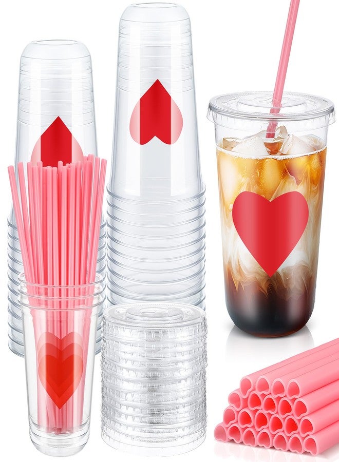 FoldTier 24 Sets Valentines Day Cups with Lids and Pink Straws 16oz Disposable Clear Plastic Cups Girl Gang Valentines Day Decorations for Cold Beverage Drinking - Image 1