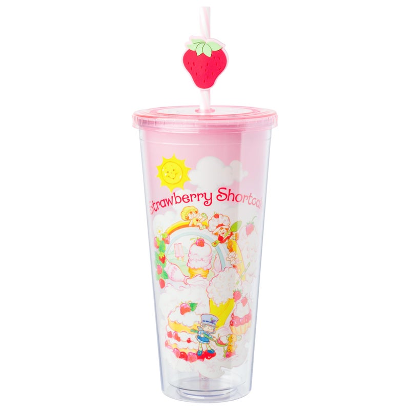 Silver Buffalo Strawberry Shortcake Vintage Rainbow Plastic Cold Cup with Lid and Straw Topper Featuring Blueberry Muffin and Apple Dumplin 24 Ounces