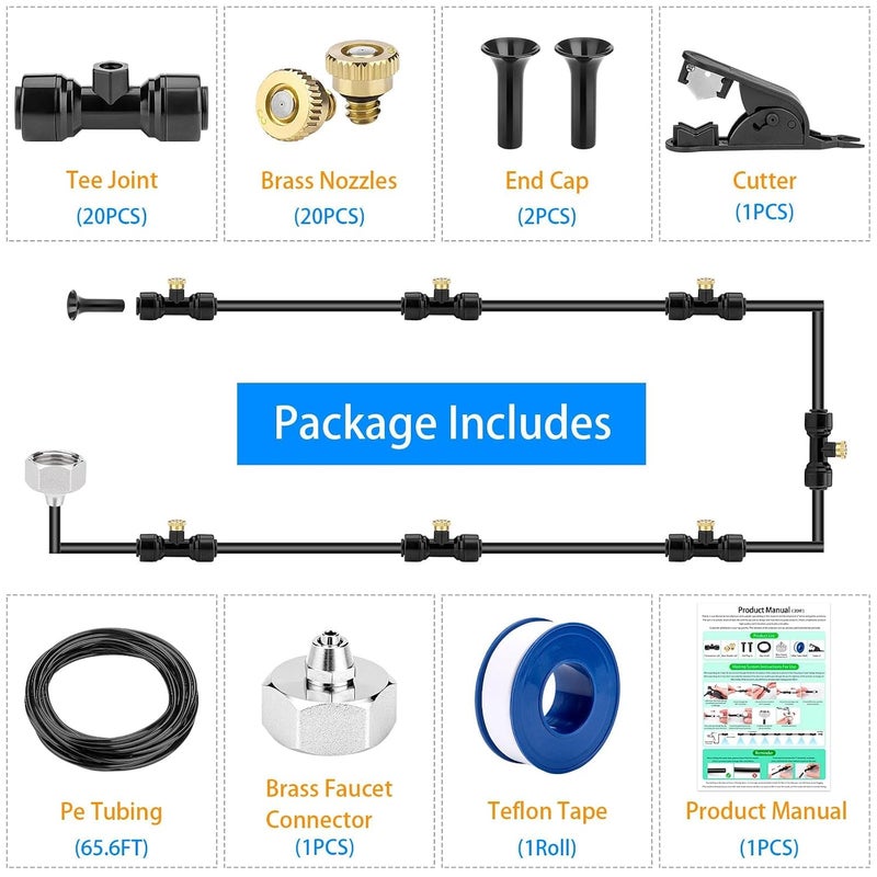 Petutu Misting Cooling System 65.6ft(20M) Misting Line + 20 Brass Mist Nozzles + a Faucet Connector (3/4") Fan Misting Kit Outdoor Mister for Patio Garden Greenhouse Trampoline for waterpark - Image 4