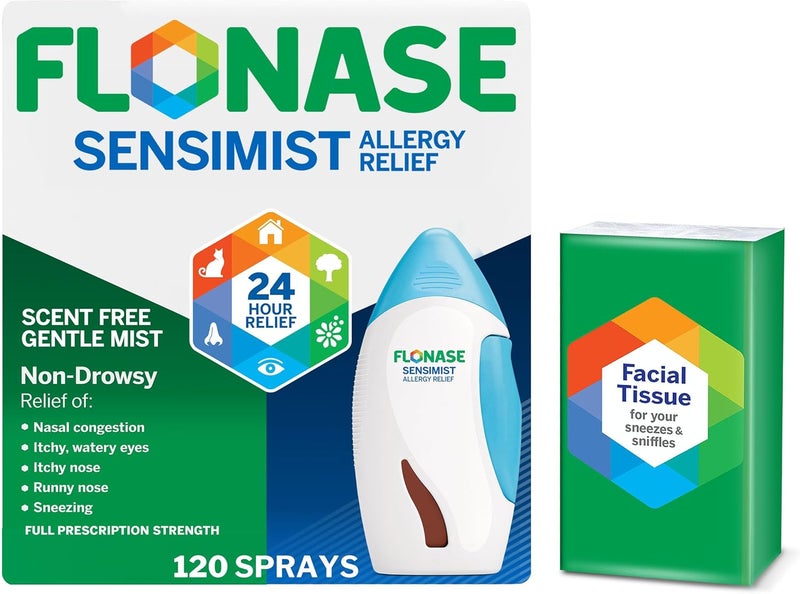 Flonase Sensimist Allergy Relief Nasal Spray  NonDrowsy 24HR Long Lasting Allergy Relief with Fine ScentFree Mist  120 Sprays Plus Bonus Pack of Tissues - Image 1
