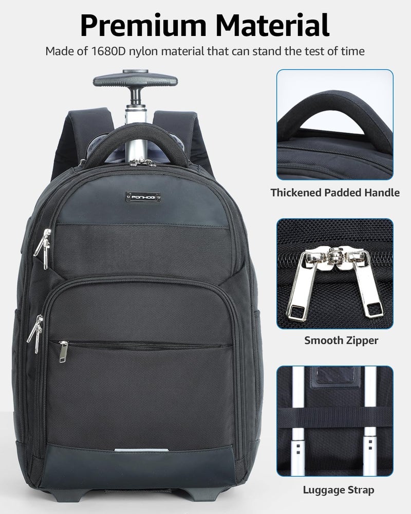 Ponhog Rolling Backpack, 30L Travel Laptop Backpack with Wheels, 15.6 Inch Roller Carry on Luggage with USB Charging Port, Flight Approved Personal Item Wheeled Suitcase for Men Women Adults, Black - Image 3