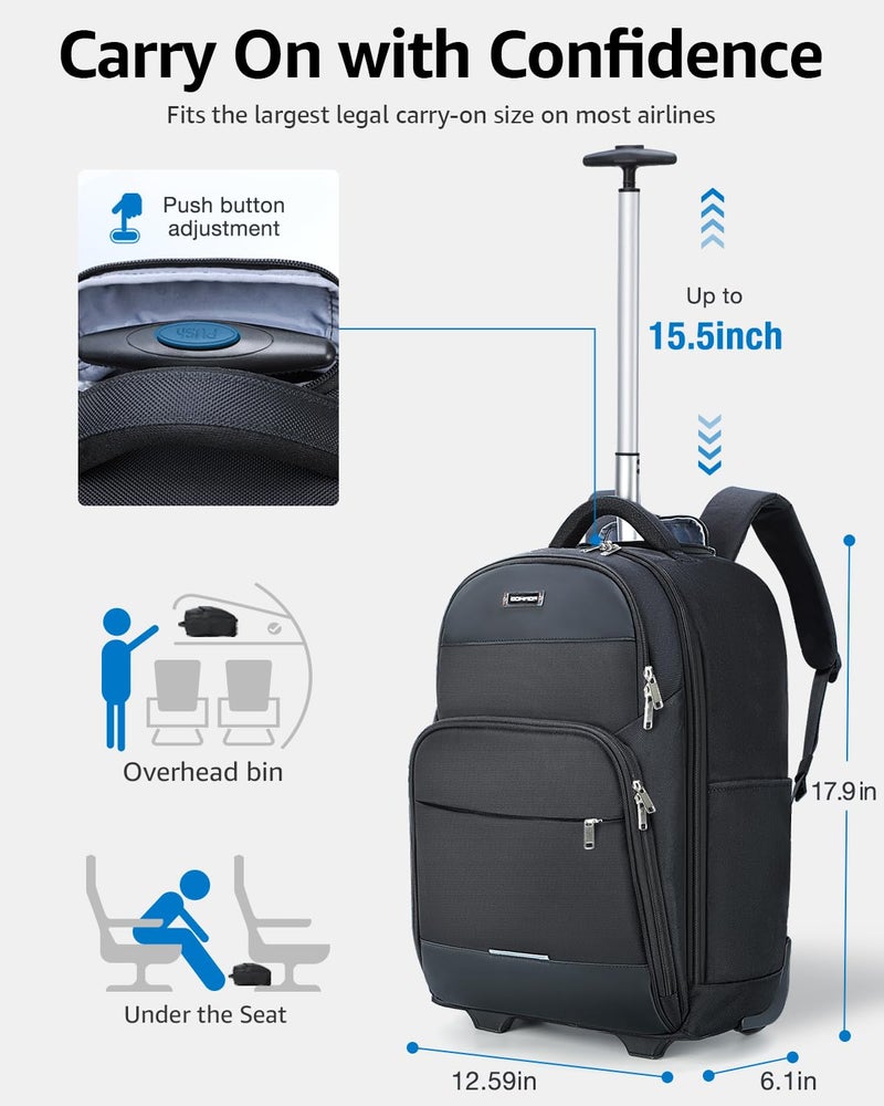 Ponhog Rolling Backpack, 30L Travel Laptop Backpack with Wheels, 15.6 Inch Roller Carry on Luggage with USB Charging Port, Flight Approved Personal Item Wheeled Suitcase for Men Women Adults, Black - Image 5