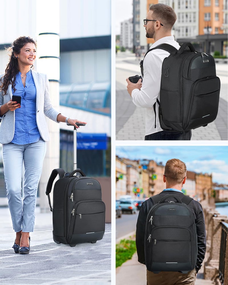 Ponhog Rolling Backpack, 30L Travel Laptop Backpack with Wheels, 15.6 Inch Roller Carry on Luggage with USB Charging Port, Flight Approved Personal Item Wheeled Suitcase for Men Women Adults, Black - Image 2