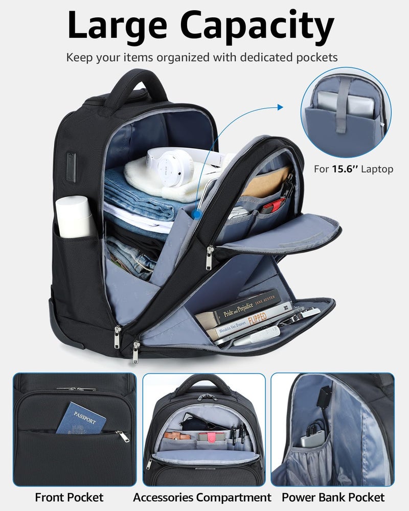 Ponhog Rolling Backpack, 30L Travel Laptop Backpack with Wheels, 15.6 Inch Roller Carry on Luggage with USB Charging Port, Flight Approved Personal Item Wheeled Suitcase for Men Women Adults, Black - Image 4