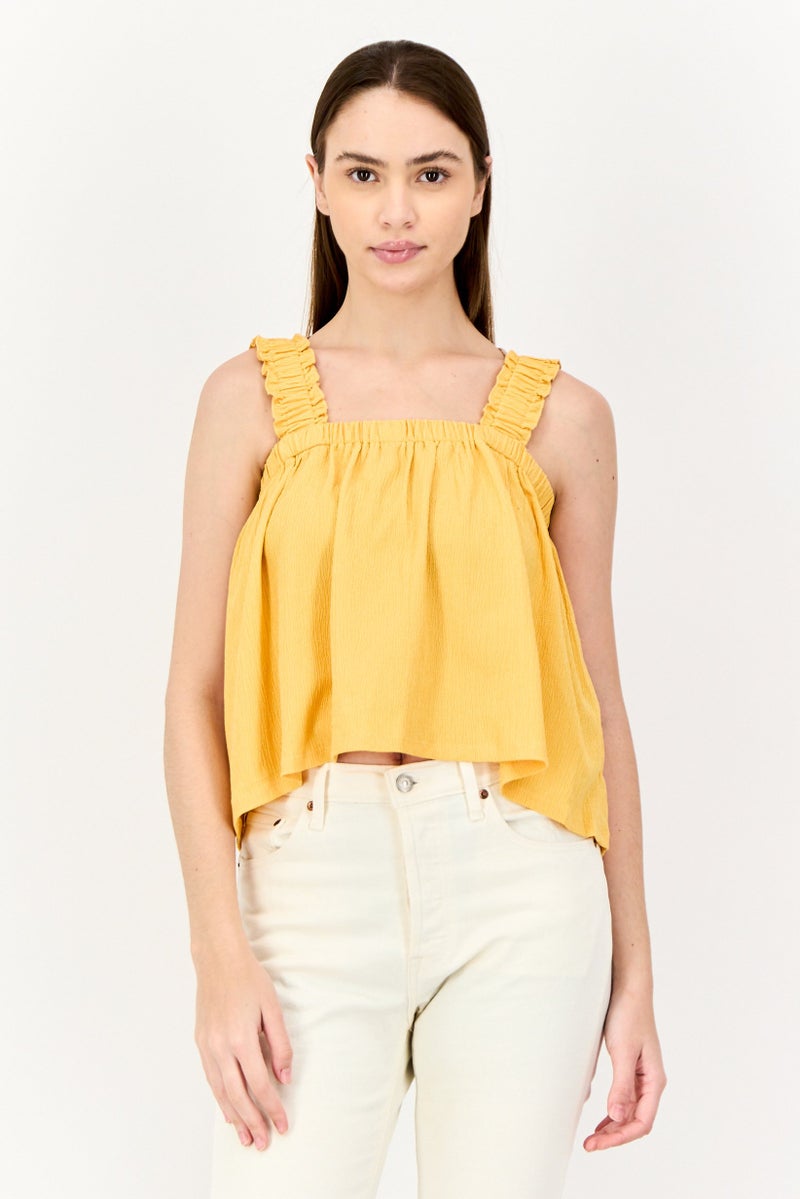 ONLY Women Square Neck Sleeveless Textured Tank Top, Yellow  - Image 1