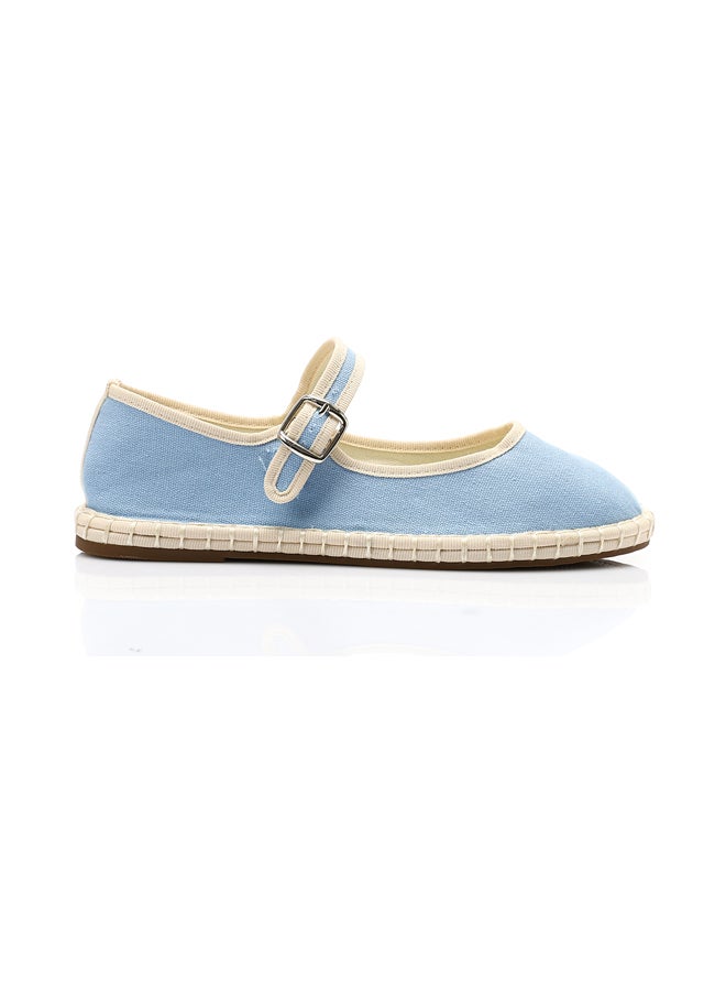 DejaVu Buckle Closure Oval Toecap Flat Shoes - Baby Blue & Off White - Image 1