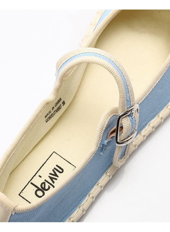 DejaVu Buckle Closure Oval Toecap Flat Shoes - Baby Blue & Off White - Image 4